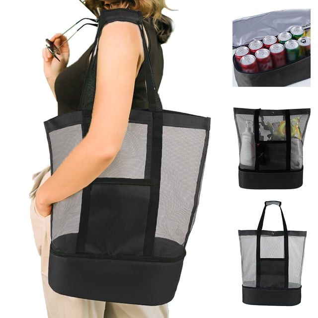 Large-Capacity Nylon Picnic Tote with Mesh Insulation - Multifunctional Cooler Bag for Beach, Lunch & Storage, Dry-Wet Separation Design, Available in Red, Green, Blue & Black (19.6 x 15.7 x 5.9 Inch)