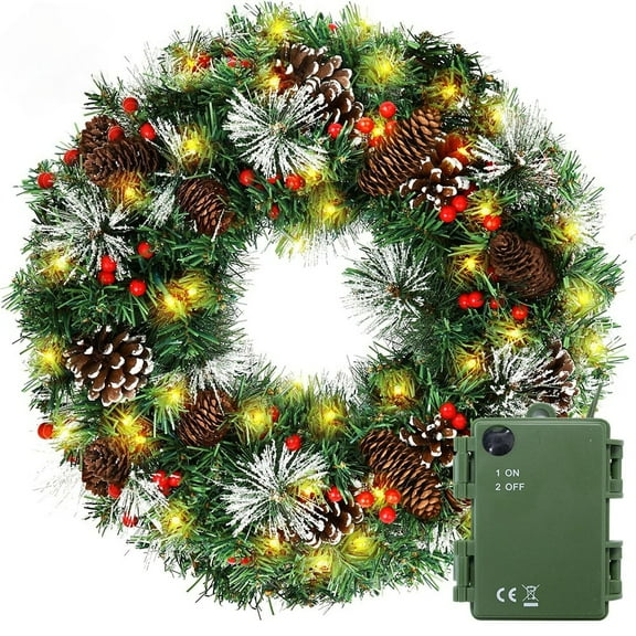 24inch Pre-Lit Artificial Christmas Wreaths w/LED Light for Indoor Outdoor Decor
