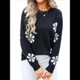thumbnail image 3 of Suéter de Flores para Mujer, Suéter de Punto de Cuello Redondo Extragrande, Top de Punto Acanalado, Conjuntos de Invierno, Tops Tipo Jersey. Negro XL, 3 of 10