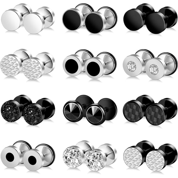 TAVENE 12 Pairs Fake Gauge Earrings for Men Stianless Steel Mens Earrings Studs Round Faux Gauges Earring Piercings for Women Men