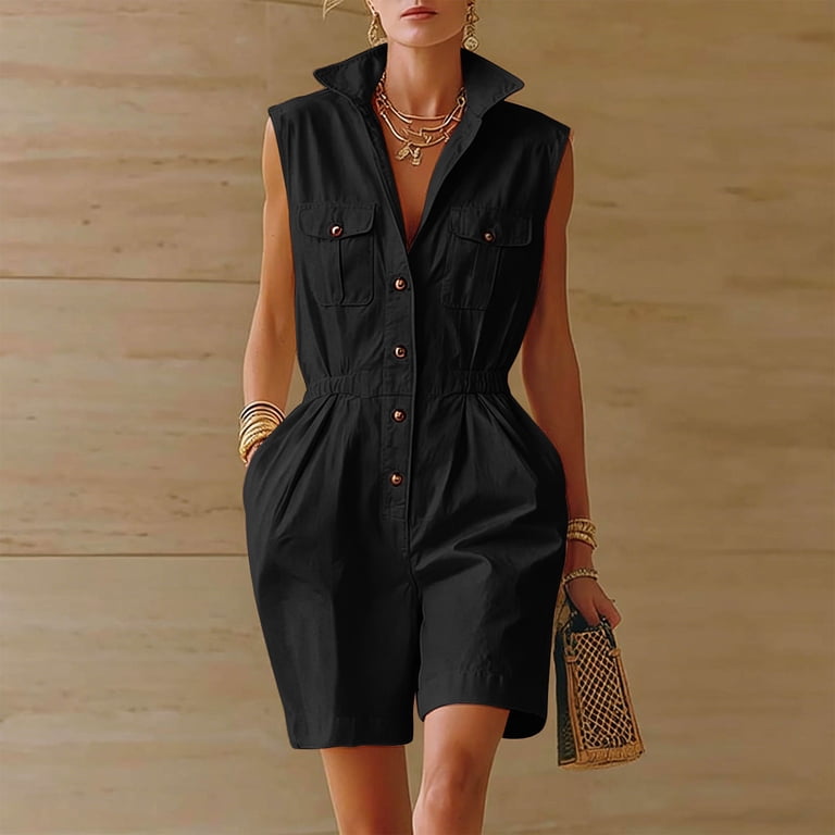 SZJXBUY Womens Flowy Rompers for Summer Elegant Dressy Casual Sleeveless Stand Collar Romper Plus Size A Line Button Down Business Shorts Jumpsuit with Pockets Black,L