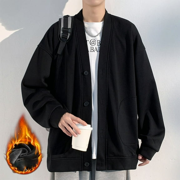 M-5X Plus Size Jackets for Men with Pockets Fleece Lined Long Sleeve Coats Mens Casual Solid Color V Neck Thermal Warm Work Outerwear Jacket