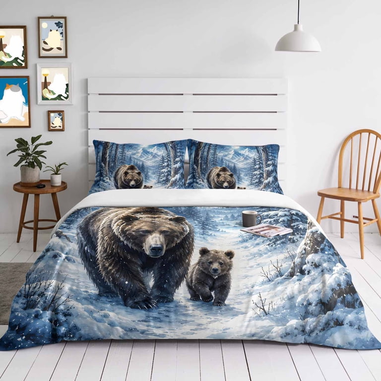Brown Bear Queen Duvet Cover Set, Winter Wildlife Moon Snow Pines ...