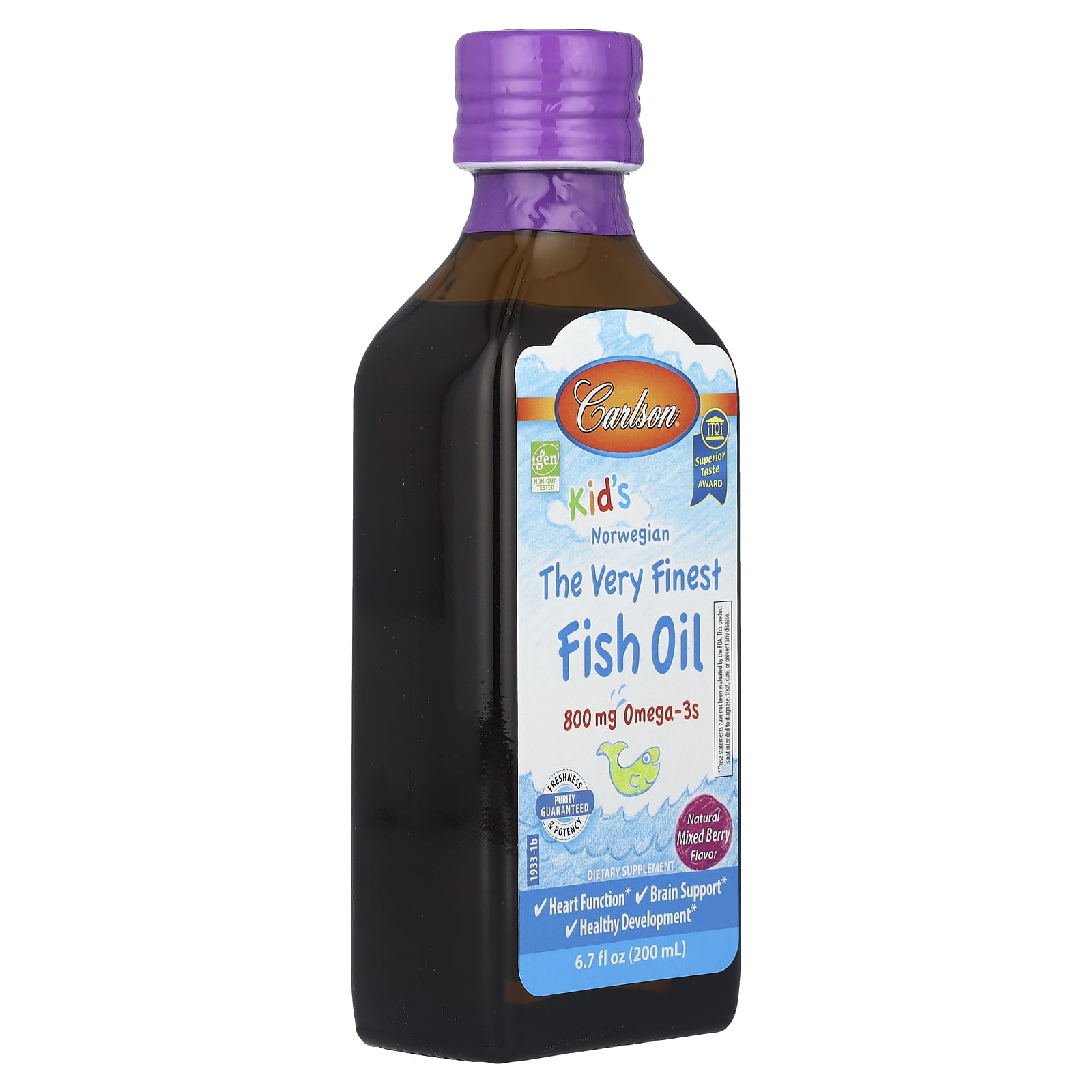 Carlson - Kid's The Very Finest Fish Oil, 800 mg Omega-3s, Norwegian, Wild Caught, Sustainably Sourced, Mixed Berry, 200 mL (6.7 fl oz)