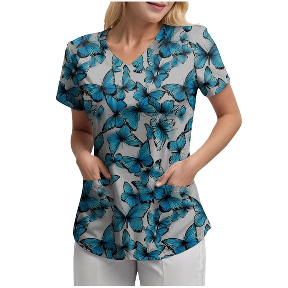 felwors Scrubs for Women V Neck Short Sleeve Animal Print Nursing Uniform Top with Pockets - Stretch Medical Scrub Shirt (Blue, S)