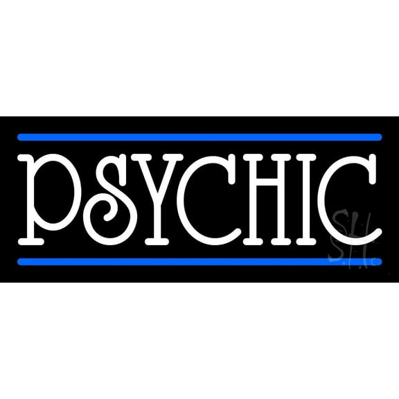 White Psychic With Blue Line LED Neon Sign 10" Tall x 24" Wide - inches Black Square Cut Acrylic Backing, with Dimmer - Bright and Premium built indoor LED Neon Sign for Storefront.