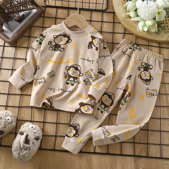 Deal of the Day Sales! Pitauce Winter Pajamas for Boys Solid Color Soft Cotton Warm Crewneck Pajamas Cute Monkey Print Long Sleeve Pullover Comfy Homewear Sets