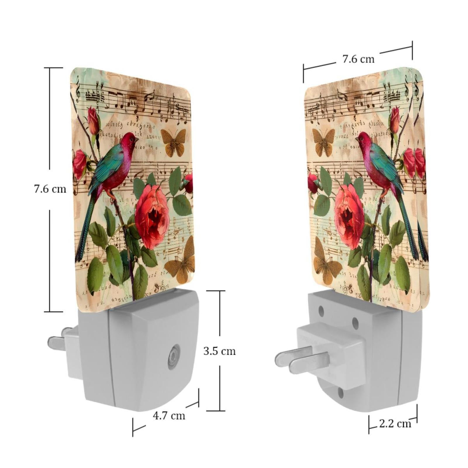 PhooArto Red Bird Roses Music Notes Vintage Plug in LED Night Light Auto Sensor Dusk to Dawn Decorative Night for Bedroom, Bathroom, Kitchen, Hallway, Stairs, Baby's Room, Energy Saving