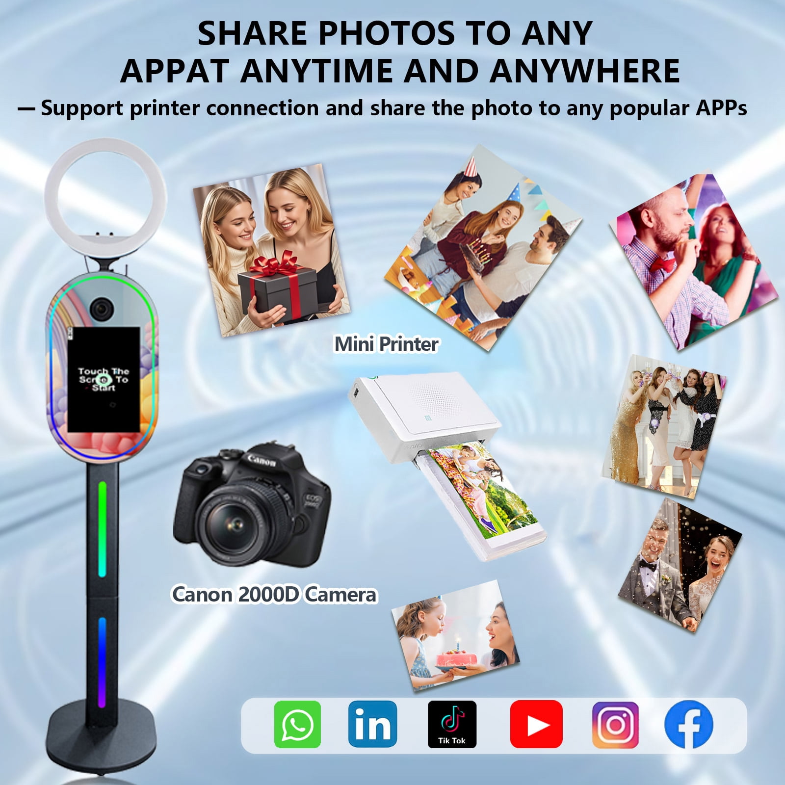 LivFiv 15.6inch Photobooth Machine Touch Screen Face Mirror Selfie with Flight Case for Party Event