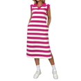 thumbnail image 2 of Womens Striped Summer A Line Dress Casual Cap Sleeve Lapel Neck T Shirt Dresses with Pockets Rose Red M, 2 of 9