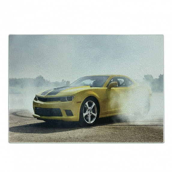 Cars Cutting Board, Racer Sports Car in Course of Competition Drifting with Moving Wheels on Asphalt Win Photo, Decorative Tempered Glass Cutting and Serving Board, Small Size, Yellow, by Ambesonne