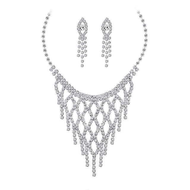 Visland Necklace Earring Set Shiny Rhinestone Geometric Shape Hanging Earrings High-end Luxurious Bride Princess Style Wedding Prom Banquet Ear Neck Jewelry