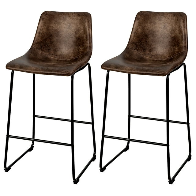 Patiojoy Set of 2 Bar Stool Faux Suede Upholstered Kitchen Dining Chair w/Metal Leg Brown