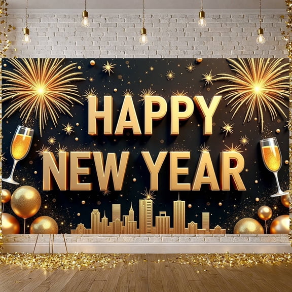 Golden Theme Happy New Year Banner Firework Design New Year Display Champagne Glass Gold Balloon Decor Festive Backdrop for New Year Party Holiday Celebration Indoor Decoration