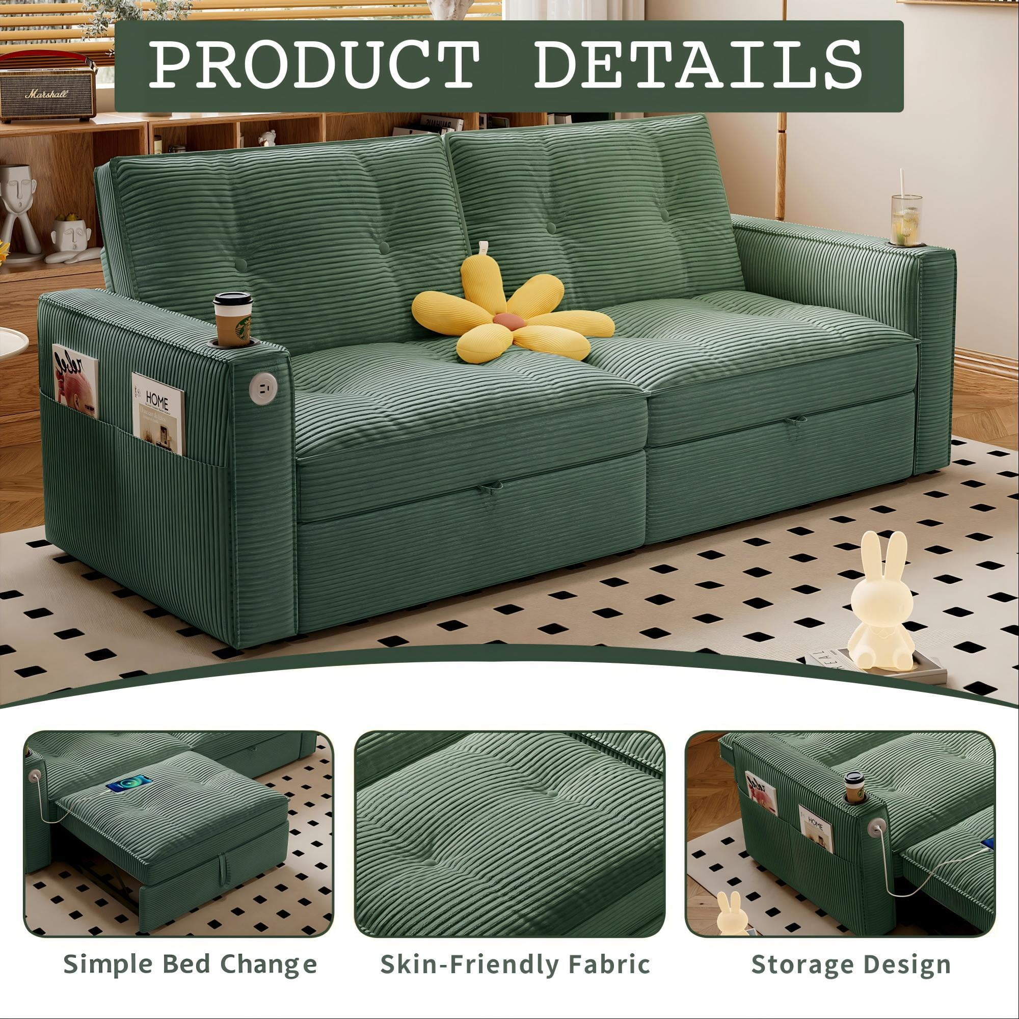 Kosynda 73"W Pull Out Couch with Charging and Cup Holder, 2 in 1 Convertible Sofa Bed with Storage Pockets, Folding Loveseat Sleeper Sofa for Living Room, Office, Small Space, Green