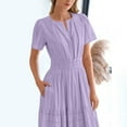 thumbnail image 6 of qucoqpe Womens Summer Long Maxi Dress V Neck Short Sleeve Elastic Waist Tiered Ruffle Sun Dress Casual Loose Beach Boho Dress with Pockets, 6 of 7