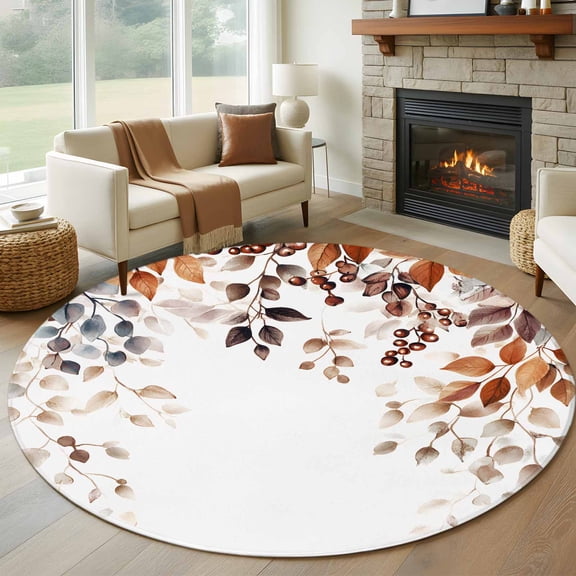 Eucalyptus Leaves Round Area Rug 6 FT, Non Slip Bedroom Area Rug, Orange Blue Botanical Vintage Washable Soft Circular Carpet Non-Shedding Floor Mat for Kitchen Dining Room Home Office Kids Room