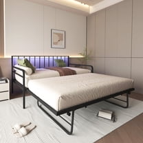 PORKISS LED Twin Daybed with Trundle, Metal Frame, Charging Station, Twin Size Bed Frame, No Box Spring Needed, Black