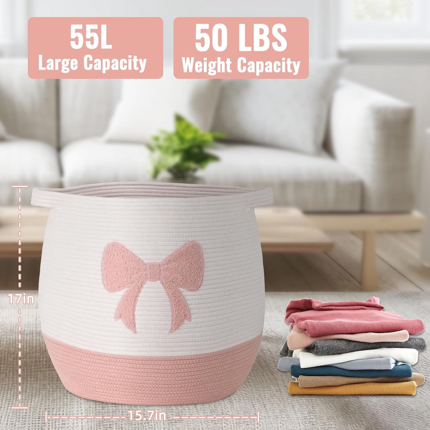 Natubeau Woven Storage Basket for Shelves, Cotton Rope Baskets, Toy and Blanket Storage Baskets for Kids, Pink Bow Round Hamper with Handles, 17"x15.7