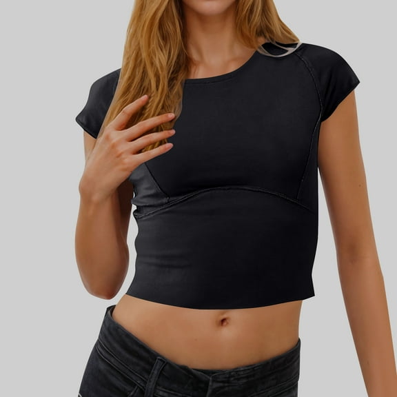 Babysbule Women Casual Short Sleeve Round Neck T-Shirt Fashion Solid Slim Fit Cropped Blouse Tee for Daily Wear Home Outfits