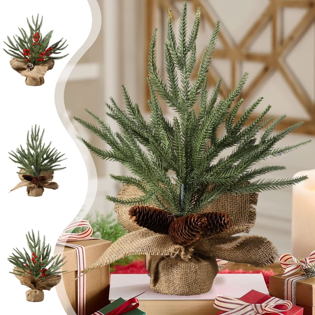 Mini Árbol de Navidad Artificial de 30 X 10 X 10 Cm con Piñas y Bayas Rojas | Base de Arpillera | Ideal para Decoración Del Hogar