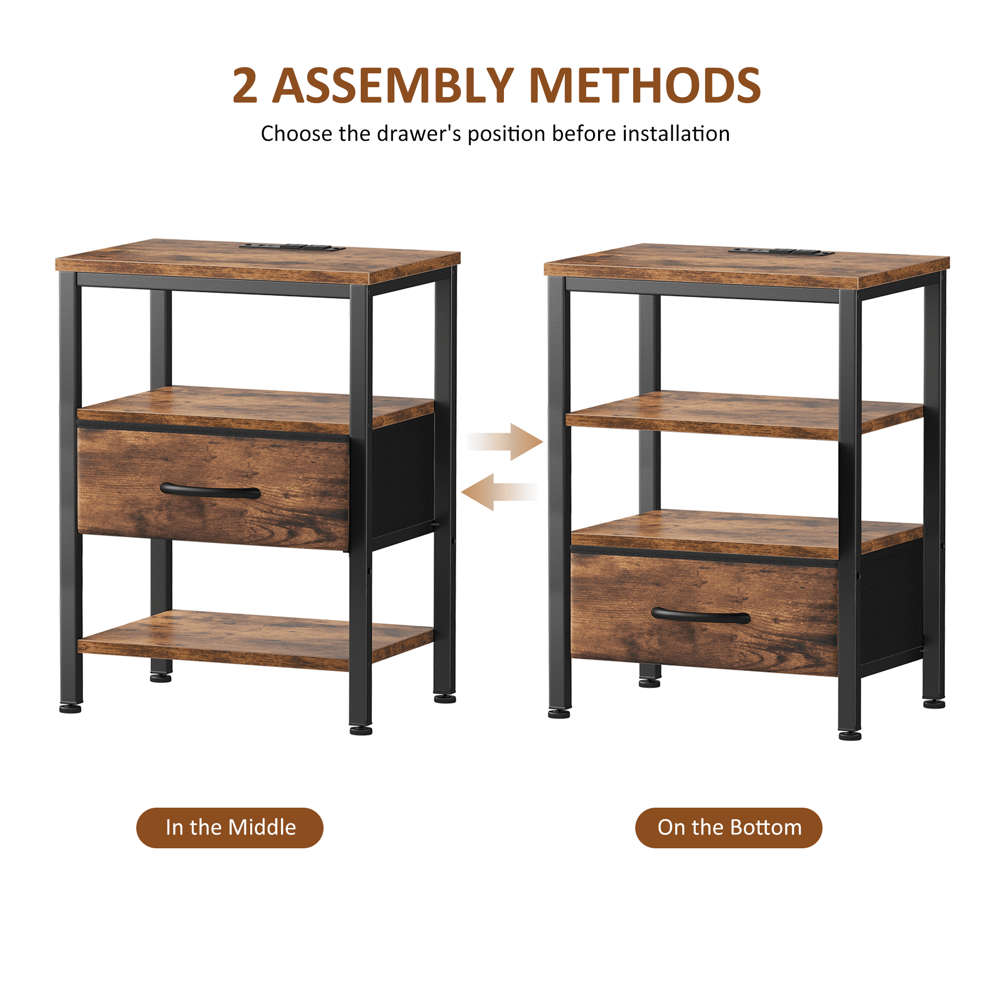 LIFERECORD Night Stand with Fabric Drawer, Nightstand with Charging Station, End Tables with Storage Shelf for Small Spaces, Bedside Table Side Tables for Bedroom, Rustic Brown