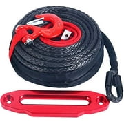 YaeKoo Black 92ft x 1/2" Synthetic Winch Rope Line Cable w/Protective Sleeve + RED Hook +10" RED Hawse Fairlead Kit Compatible with Jeep ATV UTV SUV Truck Replacement