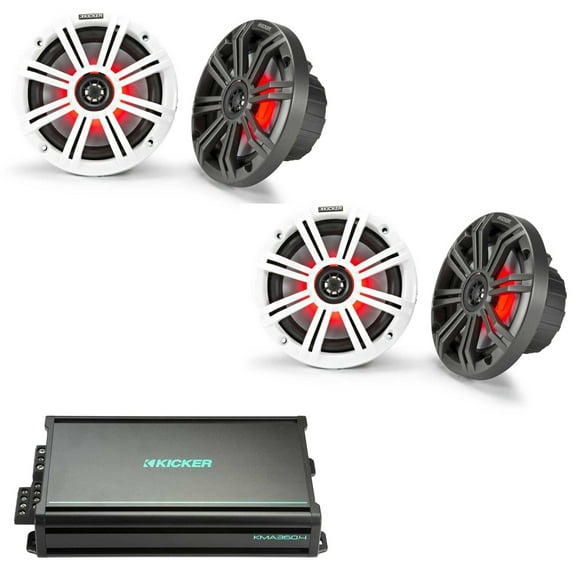 Kicker Marine Amplifier Speaker Bundle 6.5" LED Speaker (2 Pair) with 4 Channel Amp