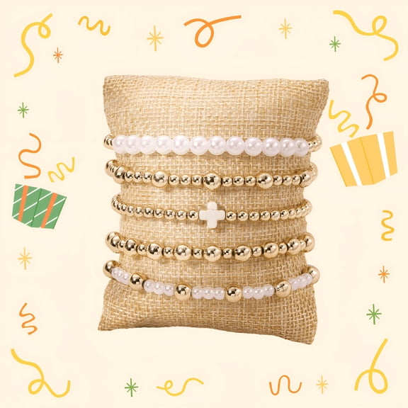 DESIGNICE Gold Beaded Bow Paperclip Cross Pearl Bracelet Set Non Tarnish Stretch Chunky Stack for Women Teen Girls Christmas Jewelry Gifts