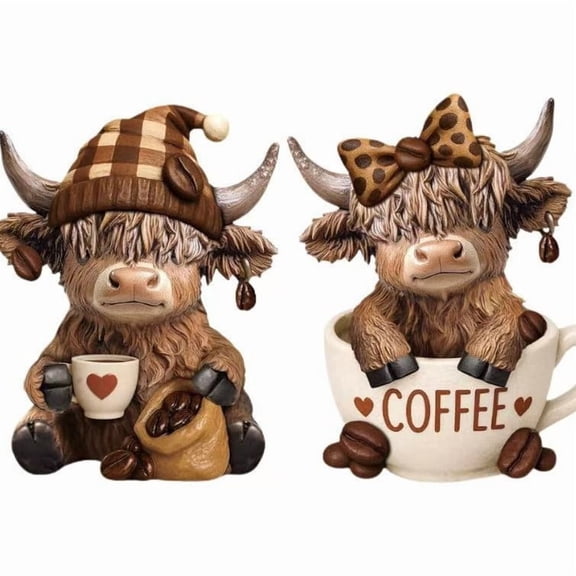 2pcs Cow Statue Coffee Cow Dwarf Scottish Resin Calf Lover Christmas Gift for Christmas Home Garden Kitchen Office Tiered Tray Table Decor