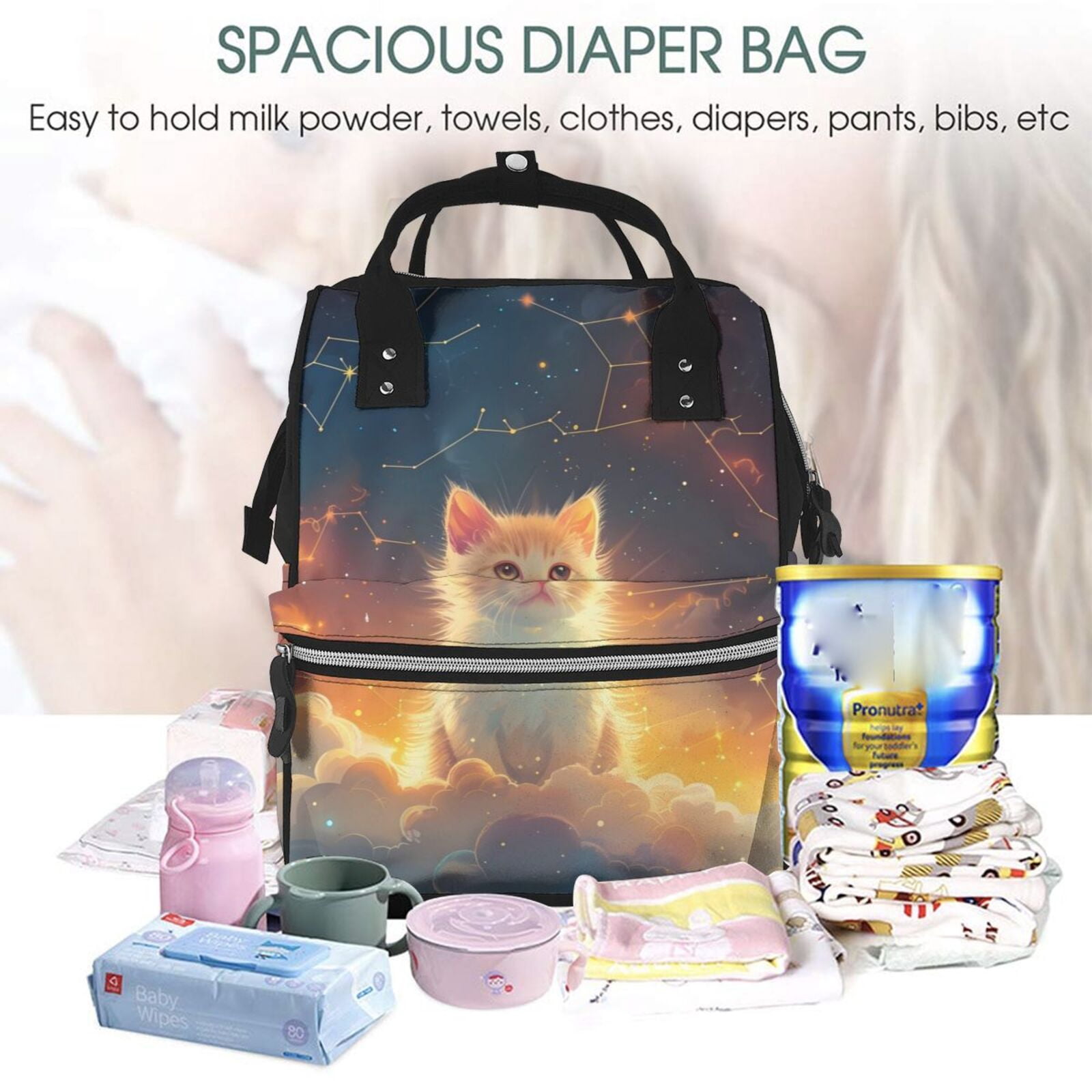 Ratiio Starry Sky Constellation Cat Mummy Backpack - Waterproof Twill Canvas, Large Capacity Diaper Bag with Multiple Pockets and Adjustable Straps