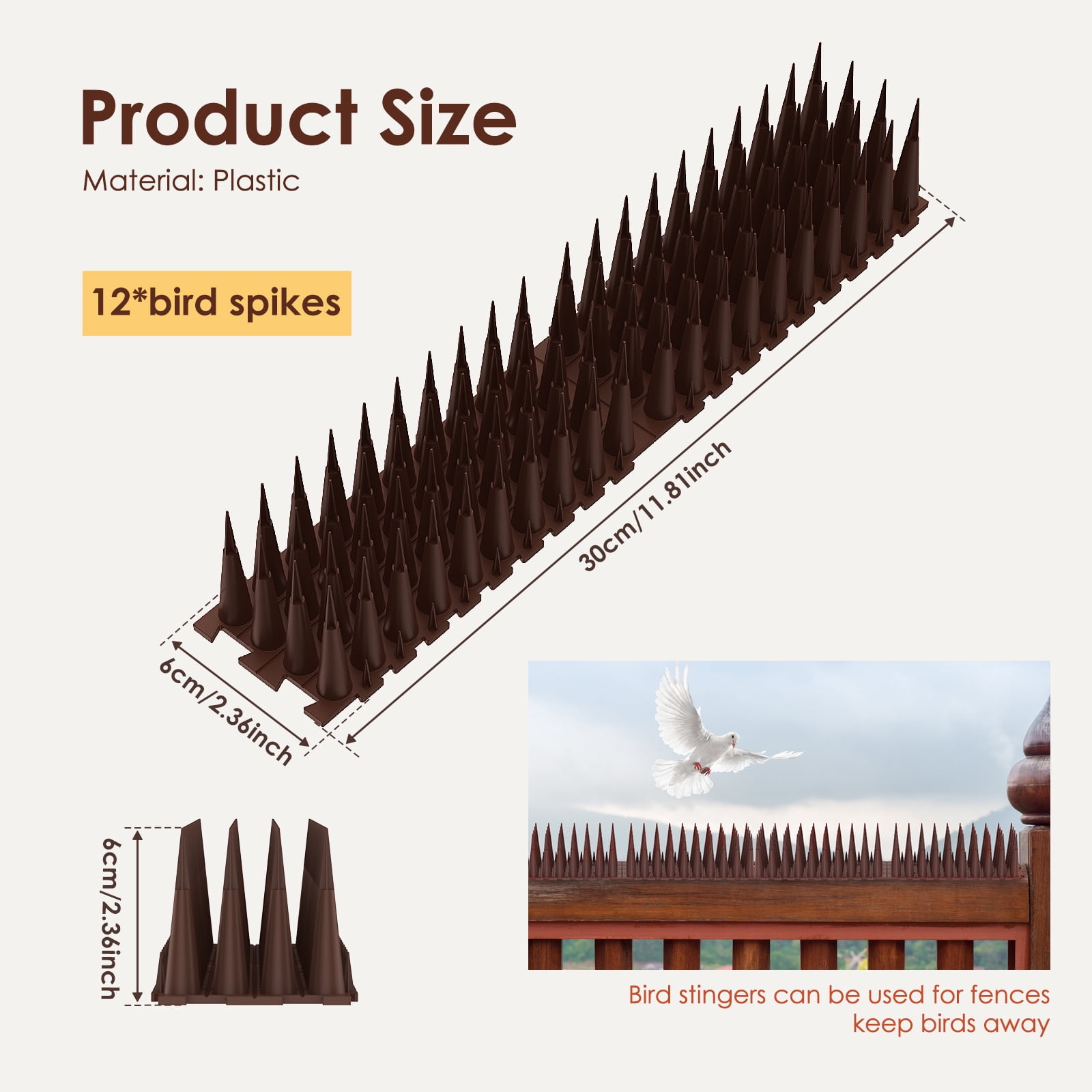 Ikoopy 12 Pack Bird Pigeon Spikes Tool Kit Flexible Versatile Fence Spikes of Birds Set Sturdy Animals Away Fence Kit for Outside Use 11.81*0.79*0.79in Brown