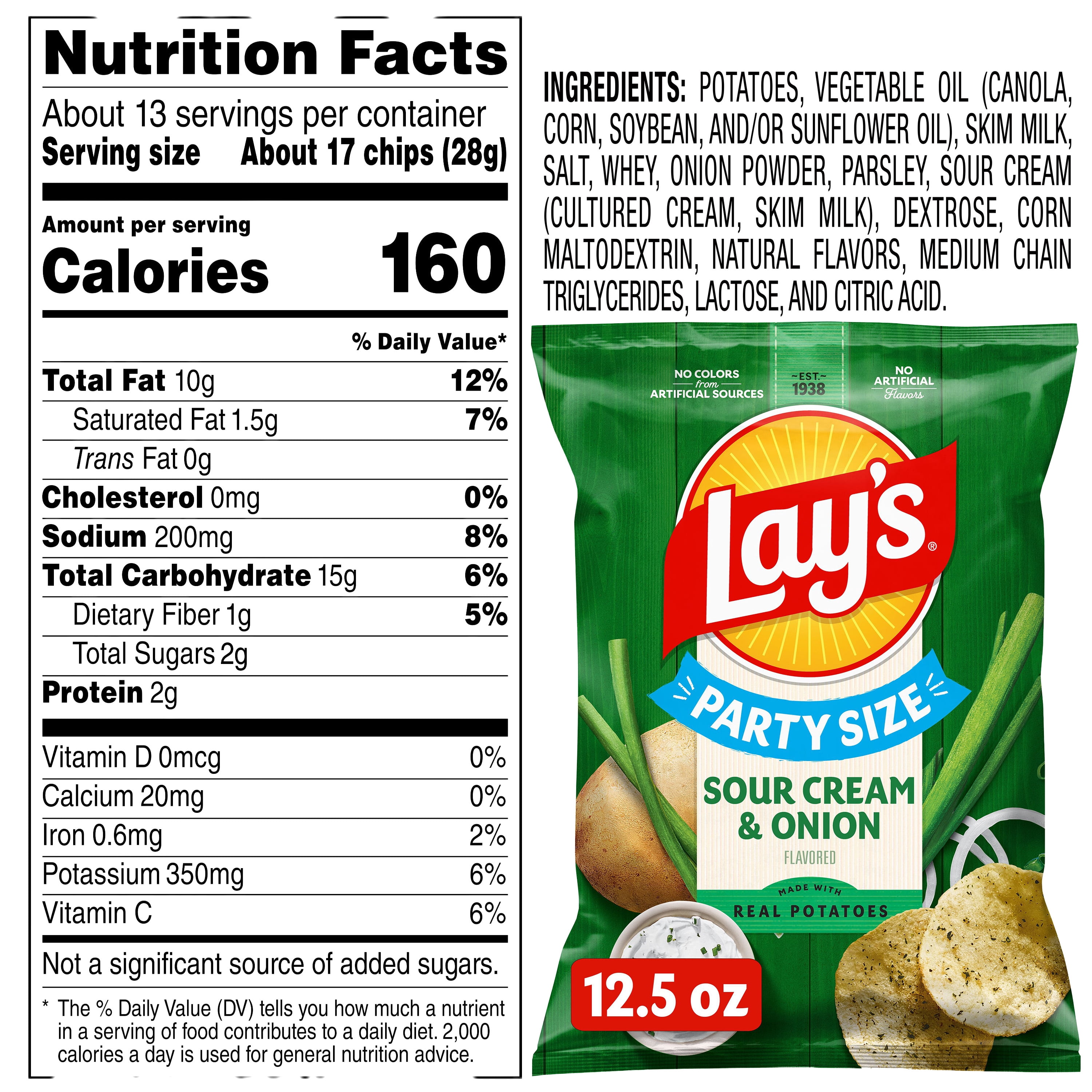 Lay's Sour Cream & Onion Flavored Potato Chips, Party Size, 12.5 oz Bag