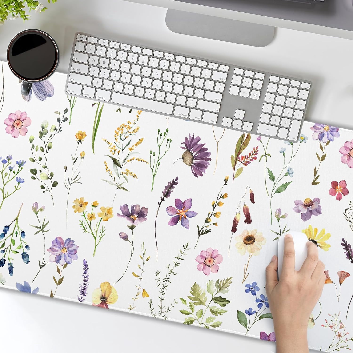 Pretty Flowers Mouse Pad XXL Cute Floral Chic Plant Spring Summer Extended Table Mat 90X40 CM Non-Slip Rubber Base Stitched Edge Large Mousepad for Gaming Laptop Computer Desk Top 35.4×15.7 Inch