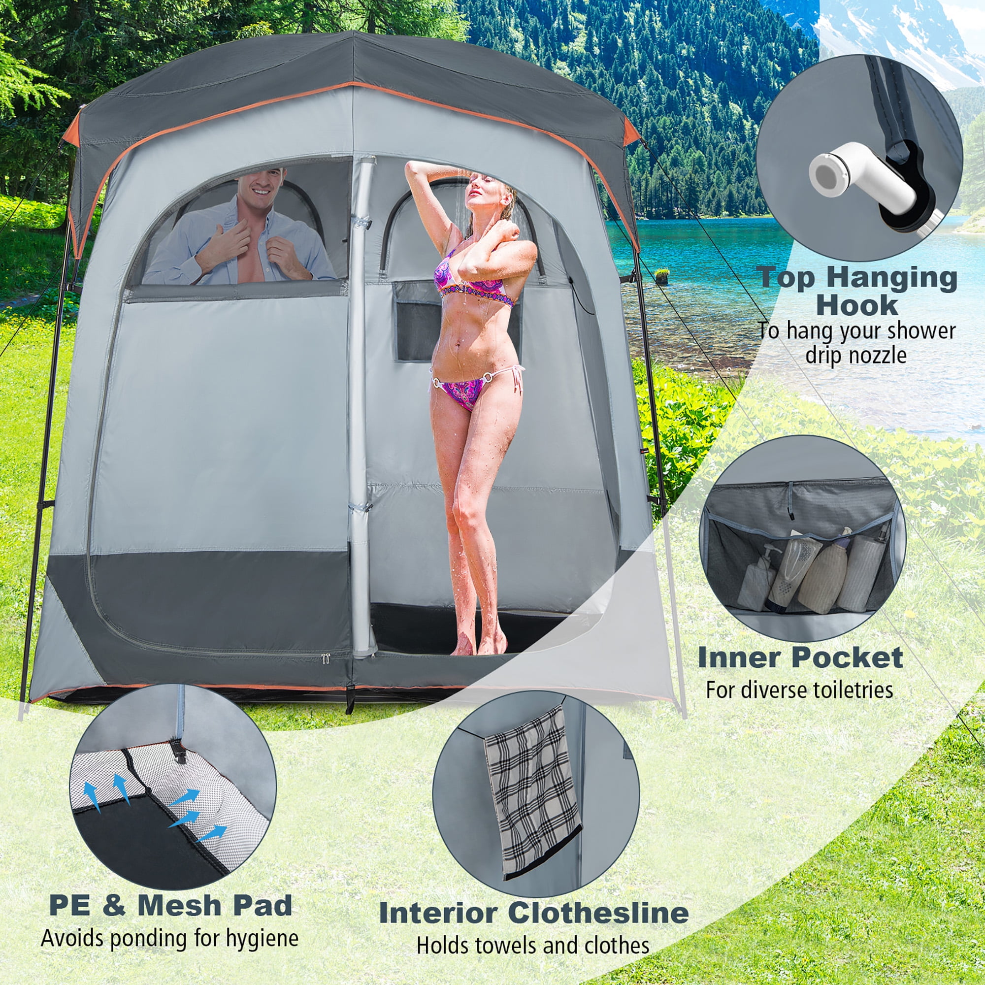 Costway 2 Room Shower Tent Oversize Privacy Shelter Portable Dressing Toilet Outdoor Gray