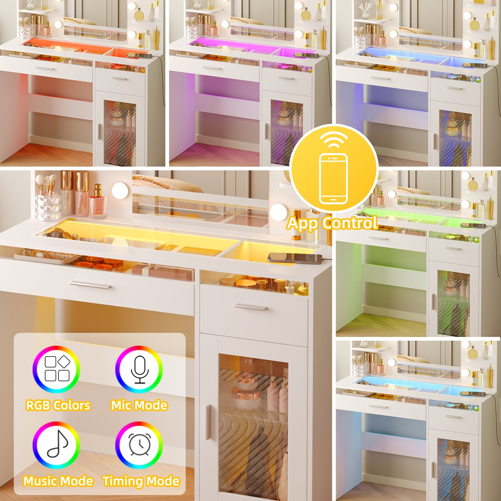 TOMNK White Vanity Desk with Mirror & Lights, Power Outlet, 3 Colors, 2 RGB Drawers, 6 Shelves