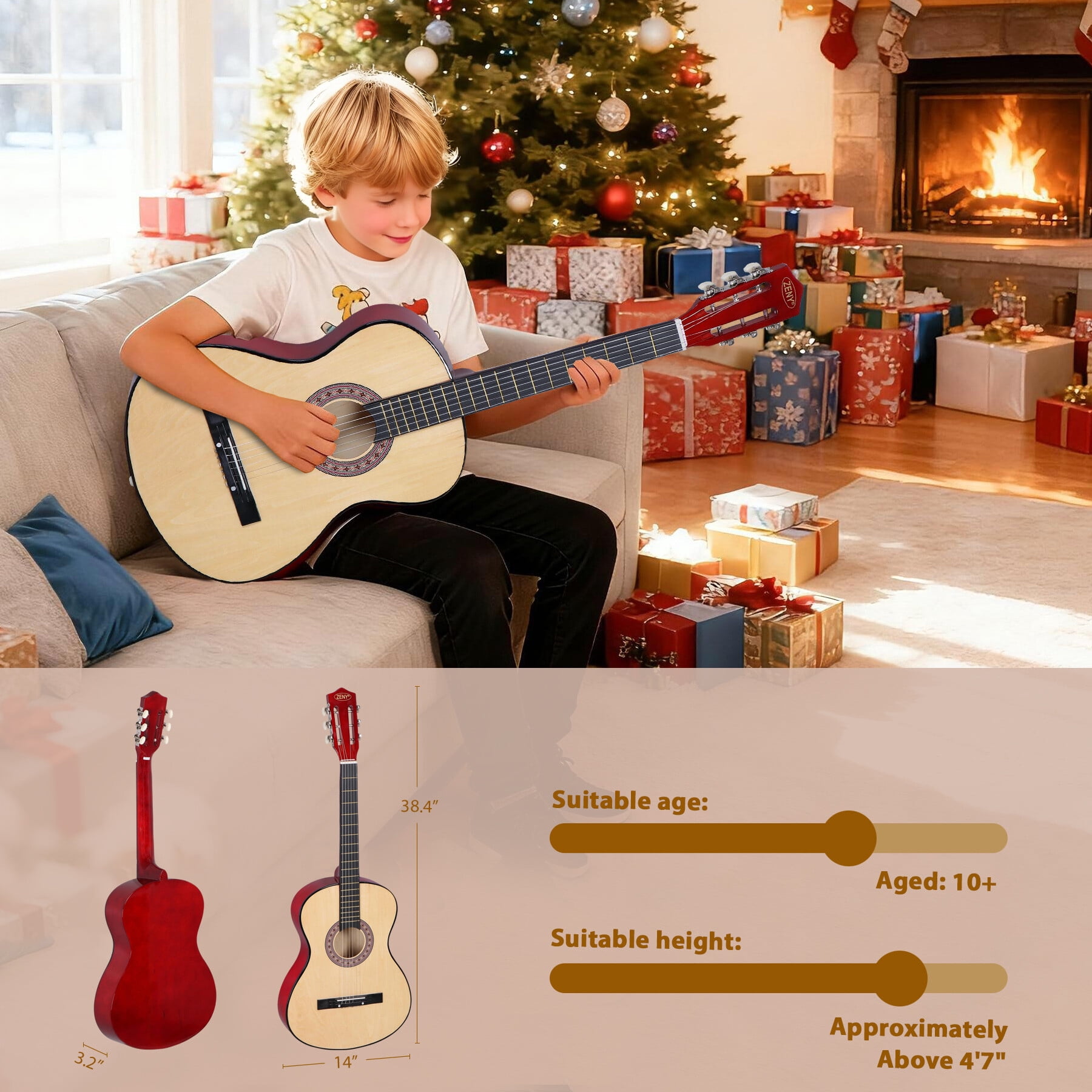 ZENY 38" Acoustic Guitar for Beginners, Student Starter Kit with Gig Bag, Strap, Tuner & Picks -Natural
