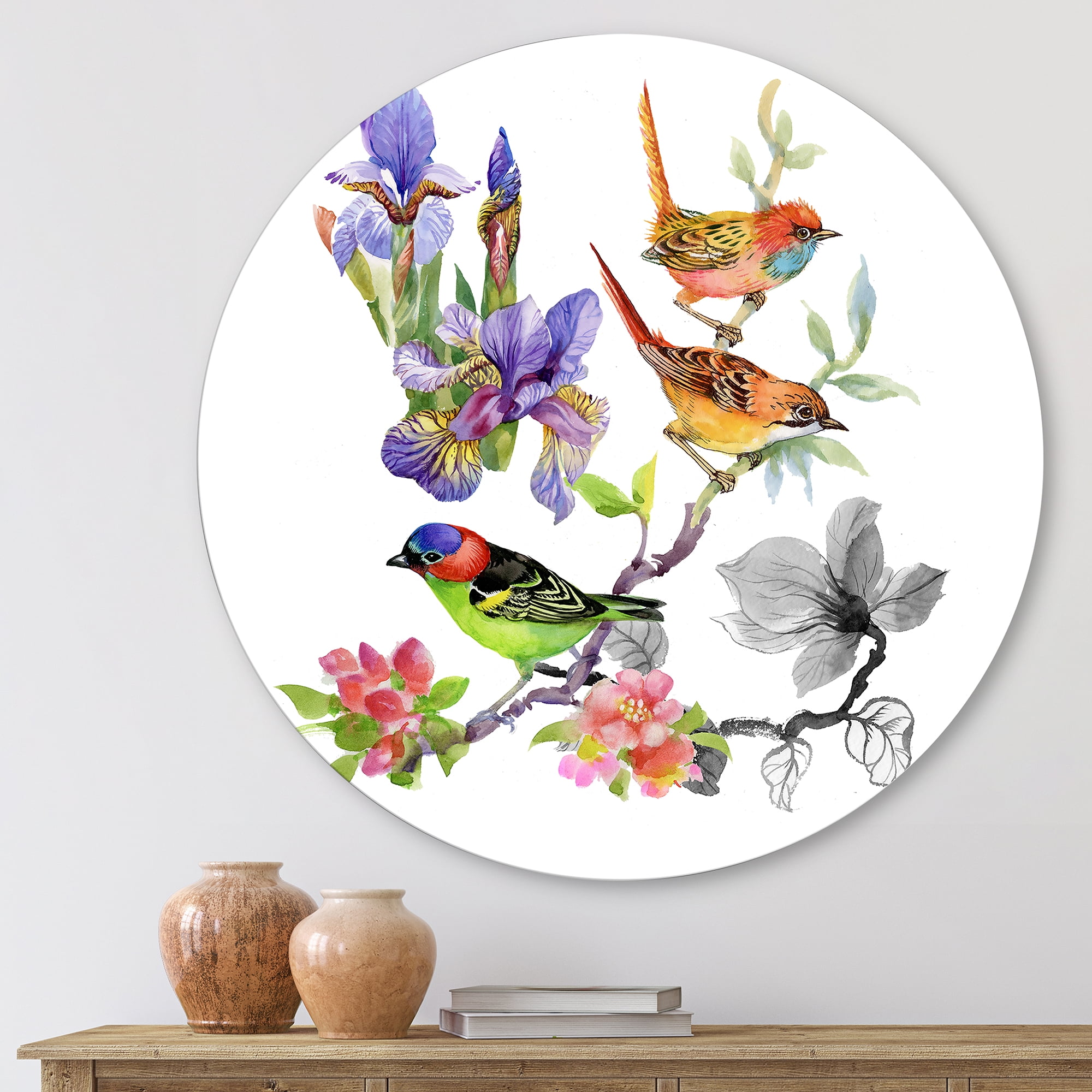 Designart 'Colourful Birds and Tropical Flowers I' Traditional Circle Metal Wall Art 23x23 - Disc of 23