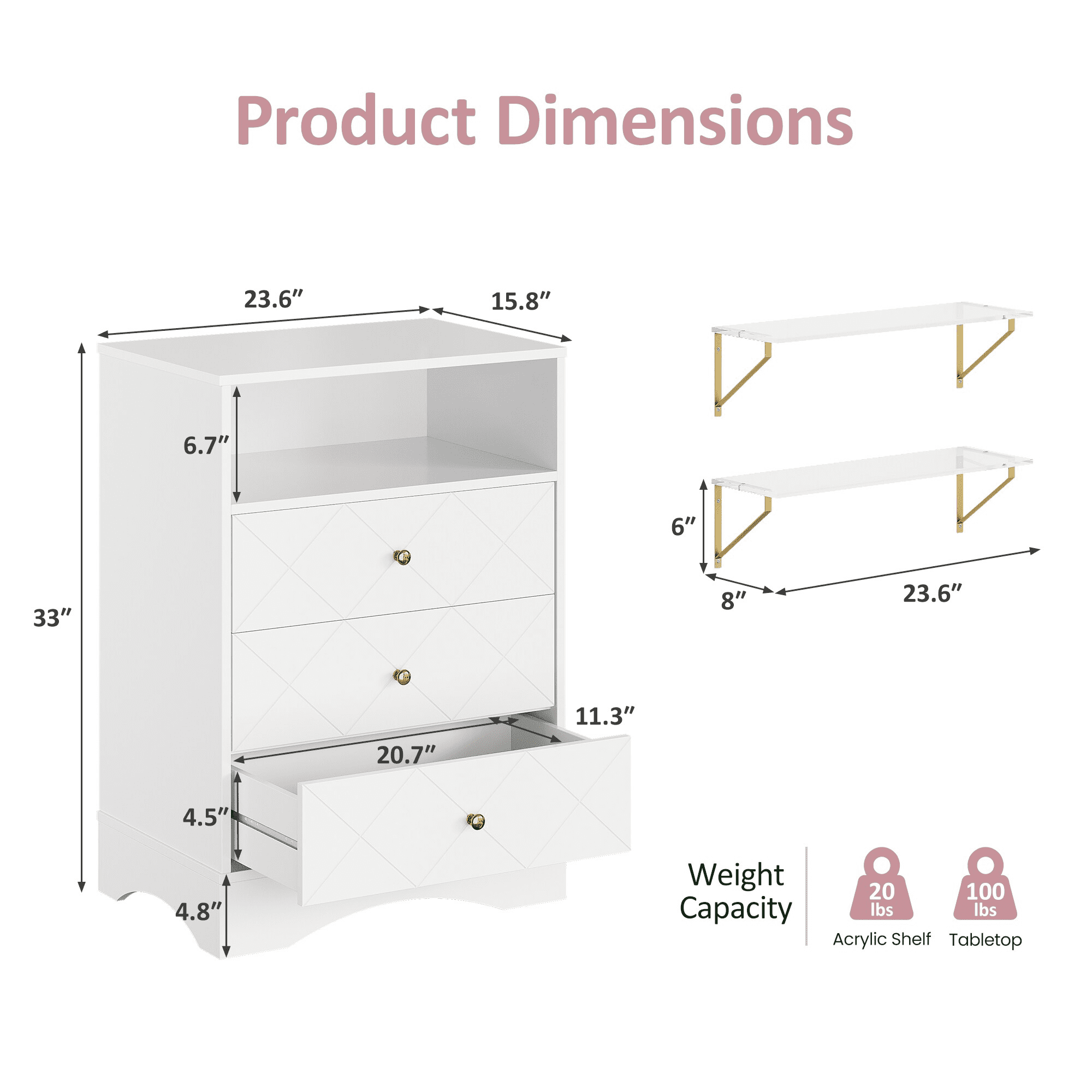 Mintazer Dresser with 3 Drawers & 2 Floating Shelves, Storage Bedside Night Stand with Open Shelf for Living Room, Bedroom & Closet, White