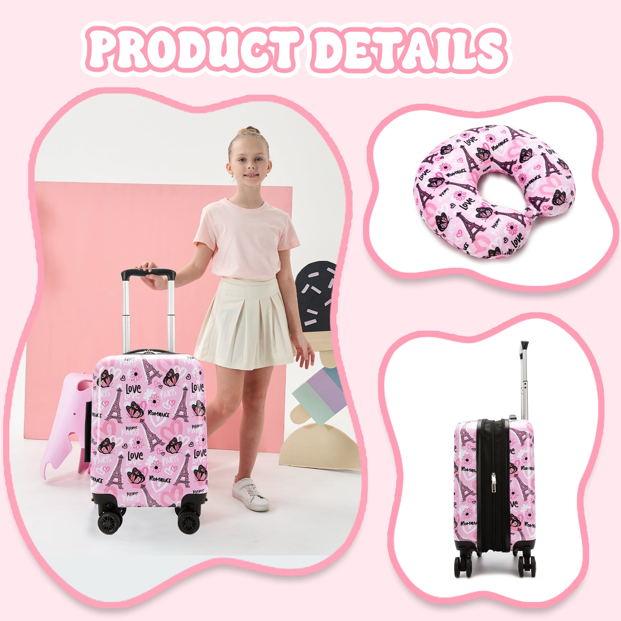 Cute Kids Luggage Sets with Neck Pillow Airplane Small Hardshell Suitcases for Girls with Wheels Pink Suitcase Toddler Travel Essential