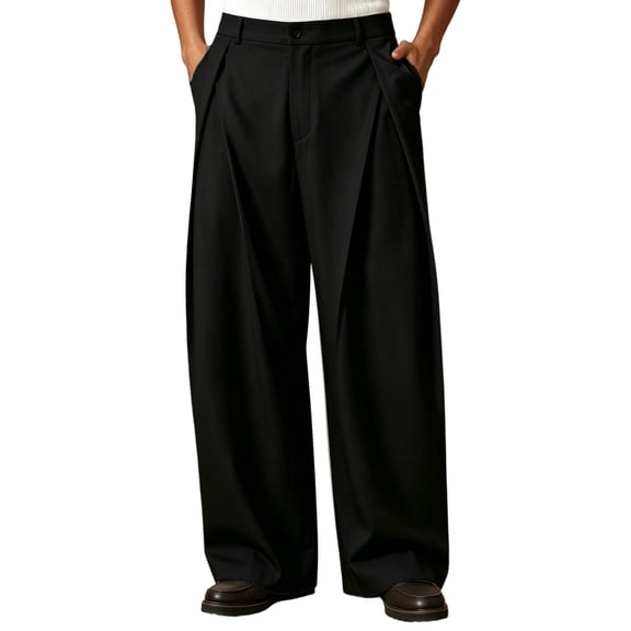 SJLDQY Mens Baggy Dress Pants Pleated Wide Leg Trousers for Men Fall Elastic Waist Straight Fit Casual Suit Pants with Pockets