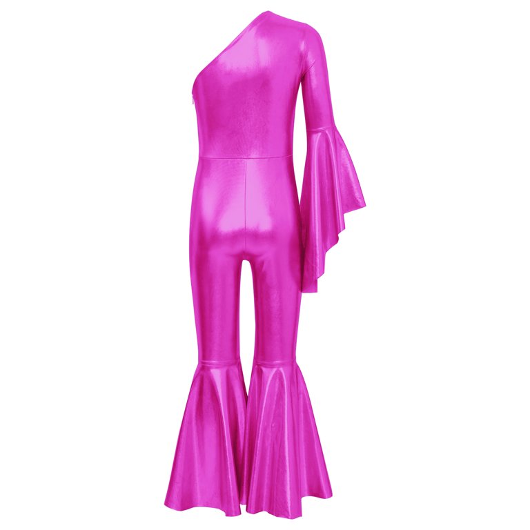 IEFIEL Girls Shiny Metallic Bell-Bottom Dance Jumpsuit One