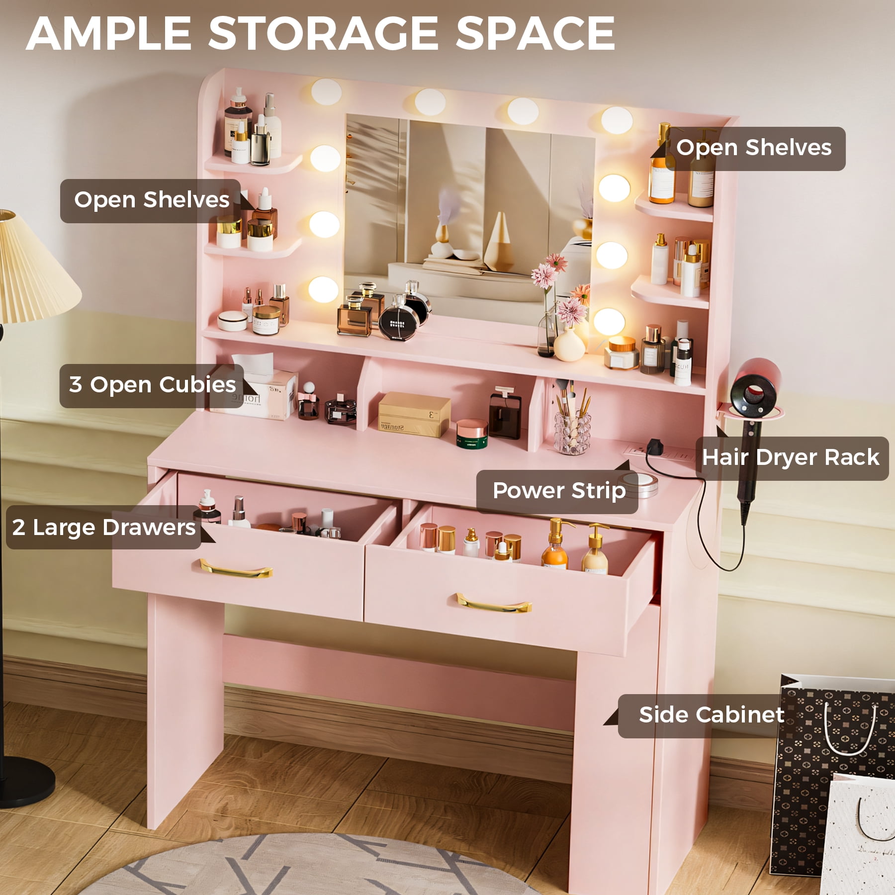 COMHOMA Pink Vanity Desk with Mirror and Lights, Hairdryer Holder, 5 Drawers, Bedroom Dresser Table for You