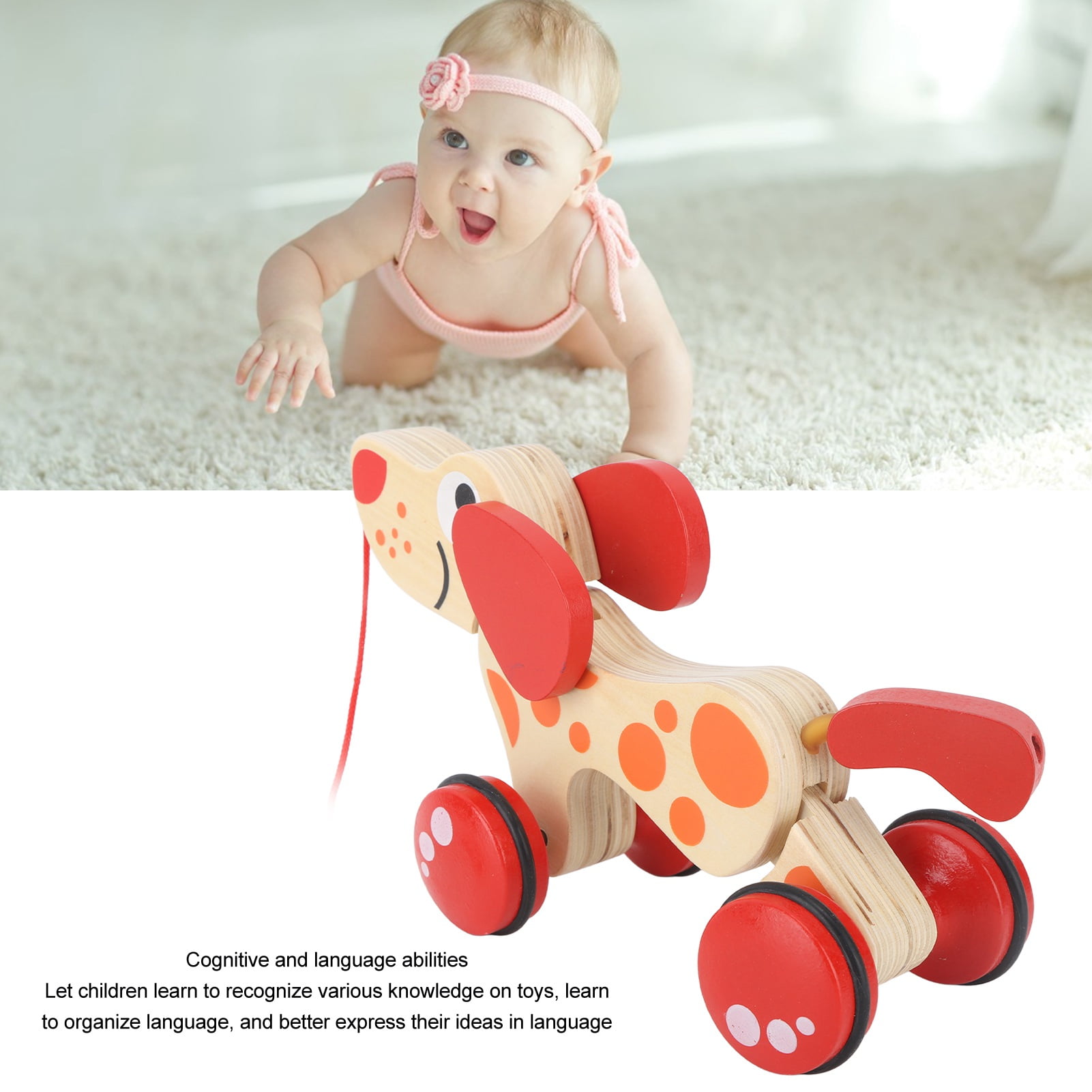 Push Pull Toy, Walk Along Pull Wooden Hound Dog Toy, Pine Wood