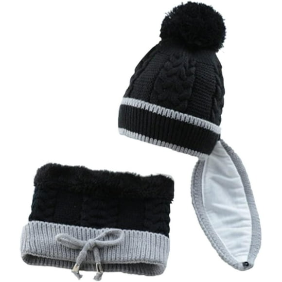 YHNJI Kids Winter Knitted Hat Scarf Mask Set,Thickened Woolen Cap Mask Neck Scarf Black