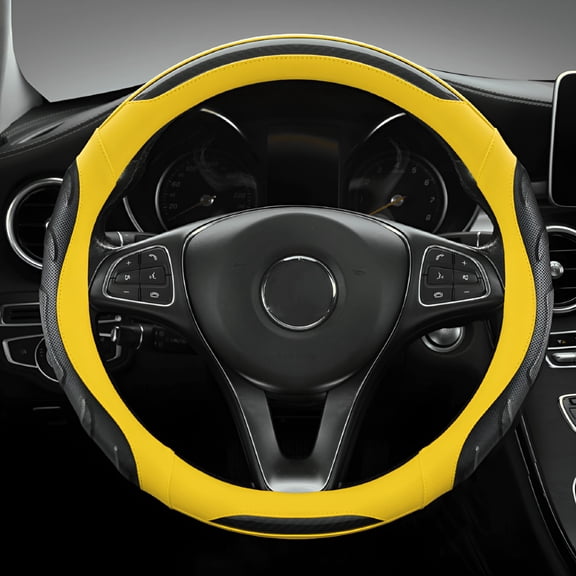 Ladygym Microfiber Leather Steering Wheel Cover, Universal 15 Inch Anti-Slip Breathable Car Truck SUV Interior Accessory, Black and Yellow Color Block Design
