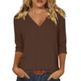thumbnail image 3 of 3/4 Sleeve Tops for Women Solid Color Cotton Linen V Neck Tunic Tops for Daily Wear,S-5XL, 3 of 8
