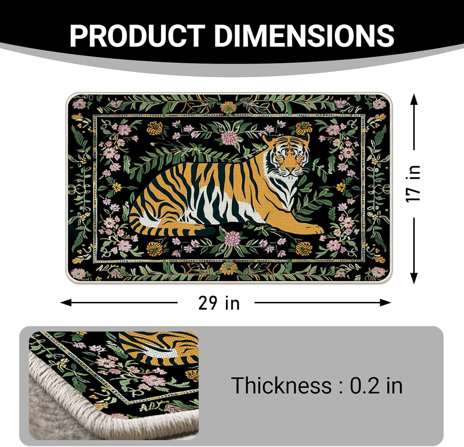 Jungle Tiger Black Welcome Front Door Mat, Tropical Plant Floral Decorative Doormat Non-Slip Floor Entryway Rug, Botanical Low Profile Indoor Outdoor Home Kitchen Decoration 17x29 Inches