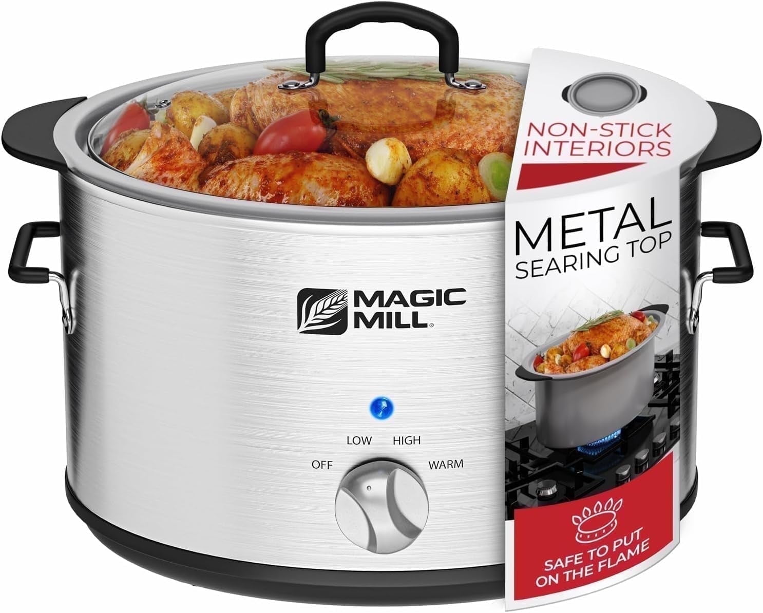 Magic Mill Premium Slow Cooker, 10-Quart Extra-Large Stainless Steel Pot with Glass Lid, Non-Stick Interior, Perfect for Family Meals & Cooking Appliances
