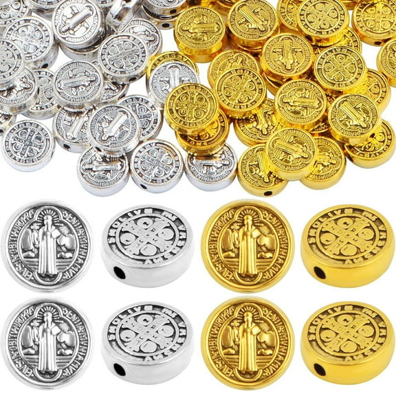 100pcs 9.5 mm Round Double-Sided Jesus Cross Spacer Beads Catholic Saint Benedict Beads Religious Loose Beads for DIY Rosary Bracelet Necklace Jewelry Making, 2 Colors